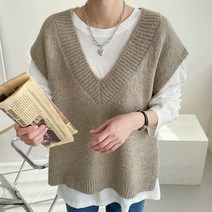 아모르데이 여성용 피버알파조끼 루즈핏 브이넥 롱 알파카 레이어드 베스트 조끼