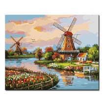 DIY 캔버스페인팅 명화그리기 액자 그림 세트 유화 - 풍경 40x50, L100_호수위 풍차마을