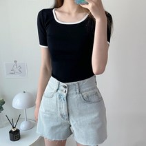 미니몰스탠다드 여성용 배색스퀘어 반팔티 심플 쫀쫀 여름 스퀘어넥 면 반팔티