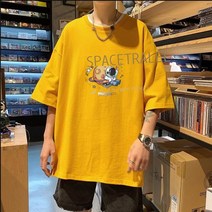 zhudo대어 라인 반팔 티셔츠 남자 라운드 네크라인 티셔츠 여름 트렌드 로켓 달 우주인 프린트 루즈 반팔 위 옷 남자 커플복 하복 부 소매 티셔츠 남자 화이트 S