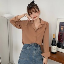 타니즈 체론 무지 와이드 카라 긴팔 블라우스 셔츠