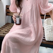 핑크 쉬폰 루즈핏 퍼프 소매 롱 원피스 여름 드레스