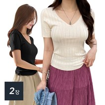 데일리앤 1+1 하몽 베이직 여성 브이넥 슬림핏 골지 반팔 니트 티셔츠