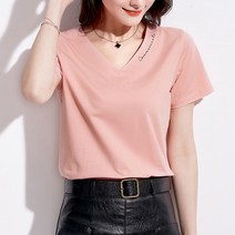 데일로엔 여성용 레터링 브이넥 반팔 티셔츠