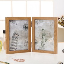 가족 사진 2단 접이식 액자 우드 스탠드 소형 책상용 양면 액자 4x6