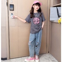 ﻿ JUNIOR 미소 고양이 프린트 반팔 티셔츠 펀칭 데님 팬츠 투피스 청바지 세트 여아아이 남자아이 아동 키즈 주니어 초등학생 중학생 고학년 새학기옷 봄 옷