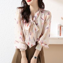 봄 연분홍 넥타이 브이넥 셔츠 여 플라워 블라우스 긴팔 셔츠 여