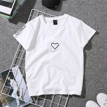 시밀러룩 커플 웨딩촬영커플룩 여름 커플 연인 티셔츠 여성용 캐주얼 화이트 탑 티셔츠 여성 티셔츠 러브 하트 자수 프린트 티셔츠 여성