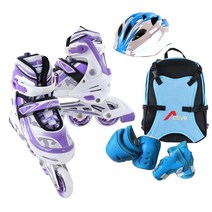 [휠라아동인라인스케이트] [인라인세트] 사이즈 조절형 아동용 발광바퀴 인라인 스케이트+헬멧+보호대+가방, 스마트 퍼플