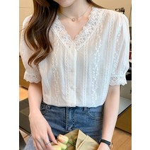 레니본블라우스 여름 짧은 소매 흰 블라우스 레이스 v목 셔츠 Blusas Mujer 드 Moda 2022 베라 노 탑 F452