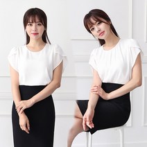 더웨이나인 플레어 반팔 튤립소매 네크라인 택1 (라운드 or 셔링) 쉬폰 정장 기본 면접 블라우스