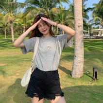어나더드림 여성용 곰돌이 자수 루즈핏 반팔 티셔츠