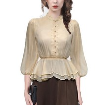 숙녀 슬리브 베이지 쉬폰 블라우스 봄 여름 하이 웨스트 스커트 칼라 풀오버