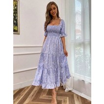 allover 꽃 shirred 분할 허벅지 프릴 밑단 드레스 여름 스퀘어 넥 flounce sleeve 높은 허리 드레스 여성 보라색 boho 드레스