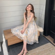하프기장원피스 여름 인간 세상의 선경 홀치기염색 그라데이션 끈나시 슬립 청신 프랑스 보이핏 볼륨 오렌지 2237423192, 끈나시원피스 하프기장 L