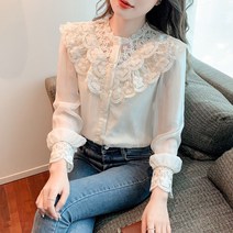 쉬폰 일찍이 봄계절 여성의류 봄옷 2022 년 스타일리쉬 상의 간지나는 레이스 이너 반팔셔츠 3880714096