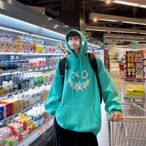 호수블루 작은악마프린트후드남가을겨울루즈풀오버인스힙합