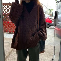 브이넥꽈배기니트 CHIC 겨울 가을 추가 두꺼운니트 키치한 스타일리쉬 초롱 와이드 루즈핏 이너니트 슬림핏 3952923870, 기타 사이즈, 커피 색 S