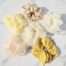 6pcs세트 쉬폰 무장식 플라워 체크 꽃무늬 곱창밴드 헤어끈 머리끈