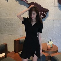 여름 데이트 여행 블랙 프릴 언발 트임 미니원피스