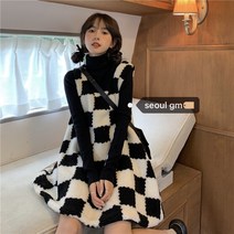 멜빵 서스펜더 나시 원피스 서울 겨울한계시크루즈화이트체크퍼조끼스커트미디멜빵스커트녀