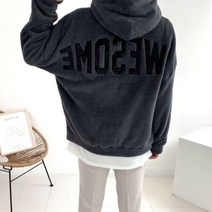오버핏 덤블 양면 양털 어썸 등판 대형 자수 후드 티셔츠(3color)