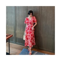 와이케이하우스 2021 여름 새로운 여성 패션 V 넥 꽃 레이스 빨간색 높은 허리 쉬폰 드레스 긴 치마 2022_69582