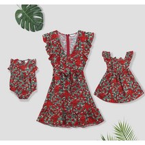 모녀커플룩 23 봄 여름 가을 해외 핫 스타일 여성 꽃무늬 V넥 드레스 바캉스 패밀리룩