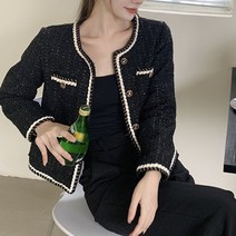노카라 트위드 라인 배색 포인트 골드단추 여성 자켓 아우터