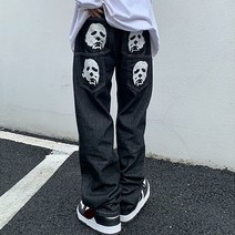 키작진 연청바지 Y2K 패션 블랙 Streetwear 캐주얼 해골 스트레이트 와이드 레그 카고 바지 데님 낮은 상승 청바지 의류