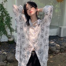 퐁순싸롱 루즈핏 화이트 장미 꽃 무늬 롱 셔츠 블라우스 SH