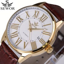 Sewor 남성 시계 GAutomatic 기계식 골드 금 스틸 케이스 자동 날짜 다이얼 바람 로마 인덱스 가죽 밴드