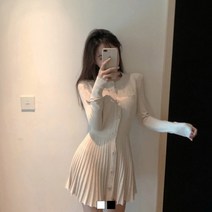 트루픽 주름 골지 스커트 니트원피스 플레어 단추 미니 니트원피스 2color