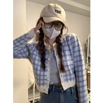 니트가디건코트 흑백 바둑판 모양의 물건 숏 스웨터 디자인감각 보이핏 볼륨 상의 봄가을 학원 무드 여성의류 2669289285