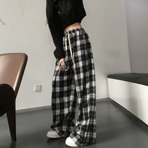 통바지 와이드 여성Lucyever 하라주쿠 흑백 체크 무늬 바지 여성 여름 캐주얼 와이드 레그 팬츠 청소년 힙