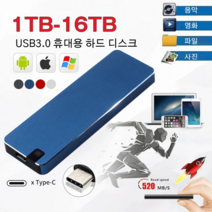 이동식 SSD 휴대용 하드디스크 대용량 하드 드라이브 휴대용 외장 메모리 카드 고속 플래시 하드 드라이브, 1TB, 블루