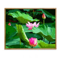 MINJING DIY그림그리기 물감 + 붓 세트 경치 꽃들 식물 화초 연꽃 명화그리기 유화그리기 취미생활 생일선물 인테리어 소품 (액자 포함 )bnvfhng nb0030, 목색 액자 30x40cm