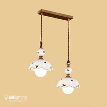 [산본 문화조명] 나비공 도자기 2등 펜던트 드라마협찬 인테리어조명 식탁등, 본품+LED 볼구 12W 노란빛 X2