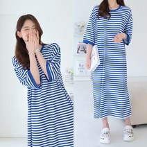 데일리앤 그로시 여성 루즈핏 스트라이프 반팔 홈웨어 빅사이즈 롱 원피스