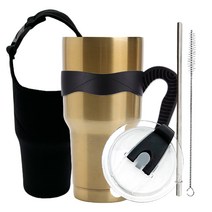 굿아이템 대용량 진공 스텐텀블러 900ml + 밀폐뚜껑 + 손잡이 + 스테인레스빨대 + 세척솔 + 캐리어 풀세트, 골드