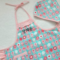 [이니셜자수무료서비스] 유아 아동 핑크 프릴 공주앞치마세트 어린이집 유치원 미술 요리수업, 앞차미+두건