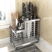 SAIVEINA 주방 다용도 싱크대 스테인리스 스틸 수저꽂이 조리도구 수납함 분리형 보관함 그리드 디자인 통풍 수저통, 실버