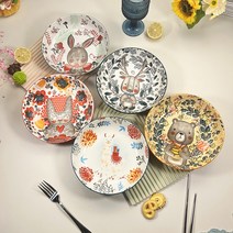 BLOWFISH FUGU 1P/5P 북유럽 도자기 접시 세트 캐릭터 홈 식기입니다, 불곰+ 미록+ 알파카+ 방울토끼+긴귀토끼입니다, 20CM, 1세트