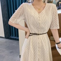 여성 아일렛 원피스 여름 기질 브이넥 a라인 치마 슬림핏 펀칭 레이스 롱 치마 (벨트증정)FC0335