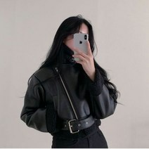 여성 크롭 가죽 자켓 스탠드 카라 양모 코트 라이더