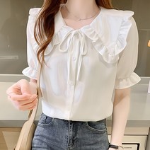 스타일아유 여성 여름 프릴 러플 빅카라 쉬폰 반팔 블라우스
