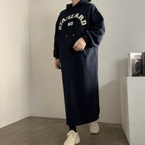 [비비애르] 기모 스탠다드 포켓 후드 롱 원피스 캥거루 오버핏 레터링 박스원피스