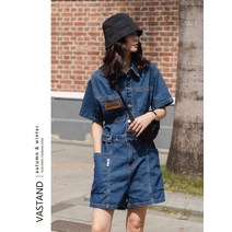데님점프수트 여성 반팔 반바지 청 캐주얼 점프수트