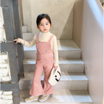 바로배송 핑크 체크 멜빵바지 점프수트 여아 유아 키즈 데일리 나팔 바지 키즈패피 북유럽풍 자매룩