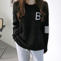 바이단미 여성용 스웨터 레터링 배색 박시 니트